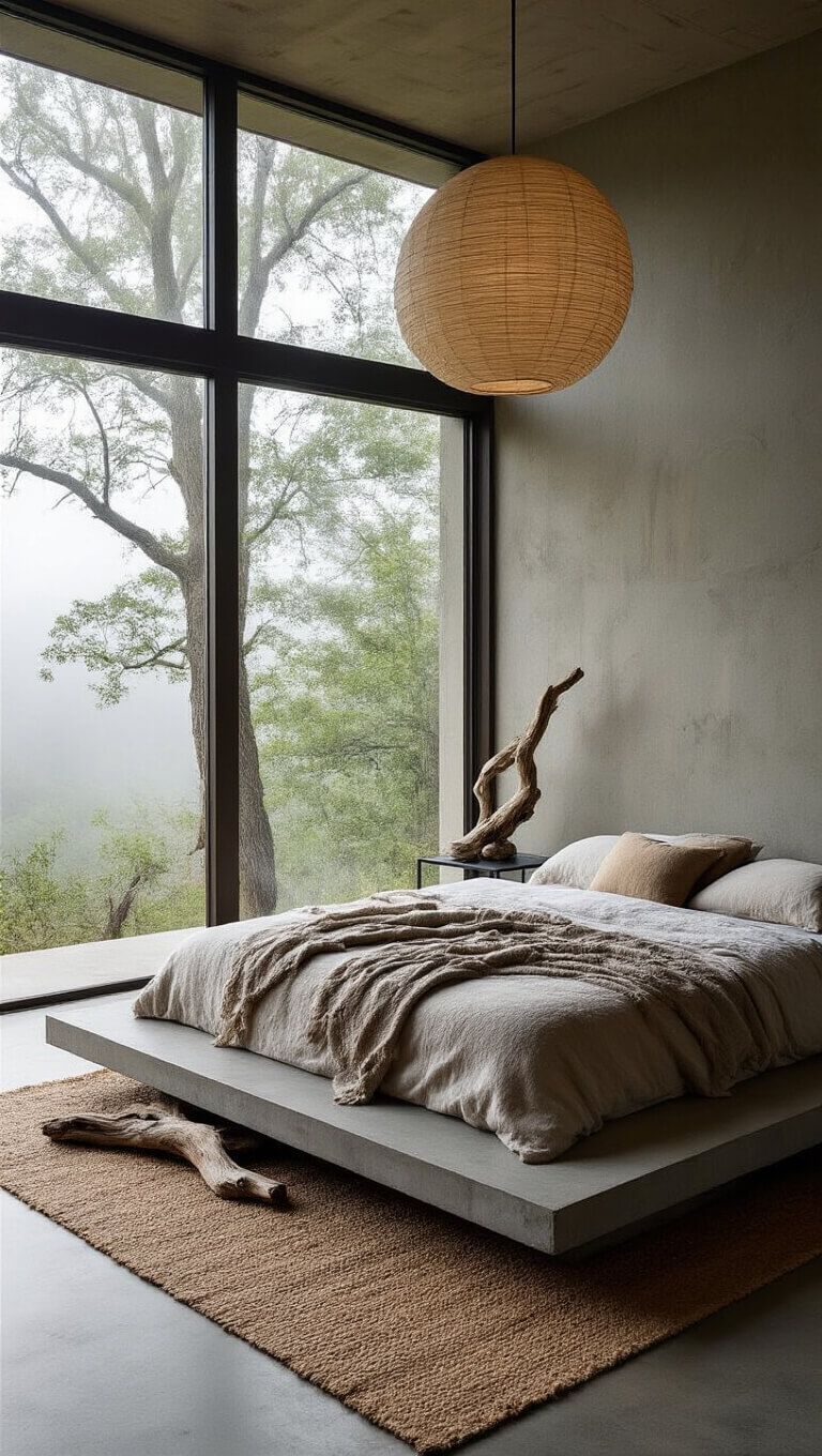 Modern Wabi Sabi bedroom with concrete platform bed, natural fiber bedding, driftwood décor, and panoramic misty forest view through large window.