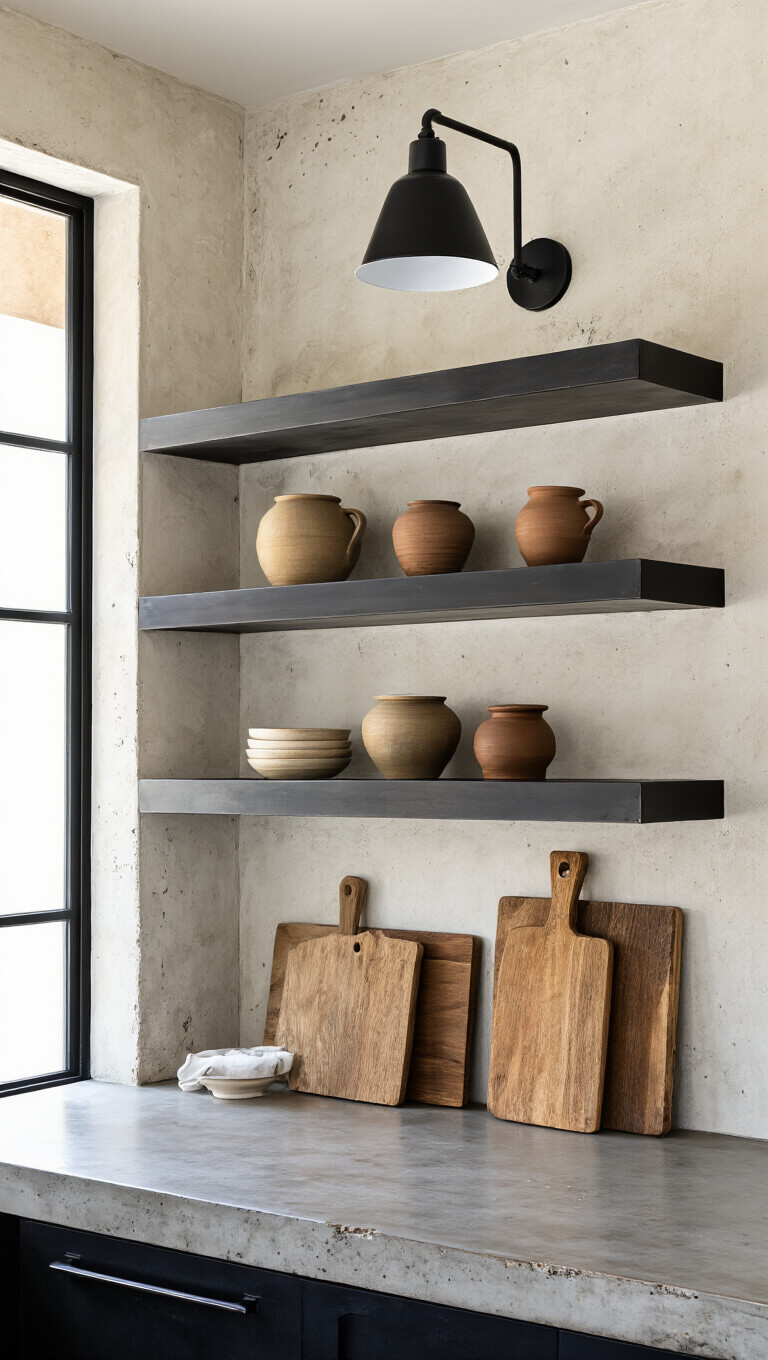 Modern industrial kitchen with concrete countertops, blackened steel open shelves holding earth-toned pottery, and wooden cutting boards against textured plaster walls.
