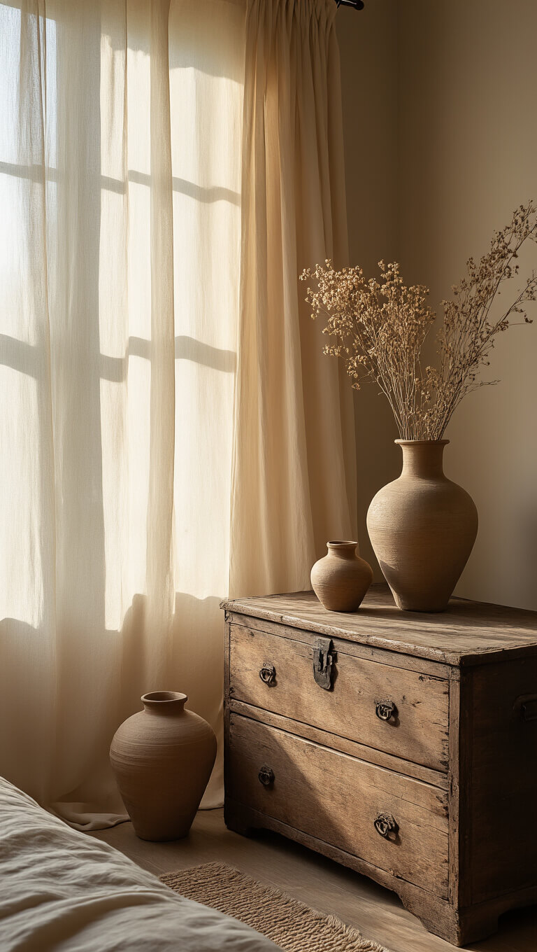 Sunlit bedroom with antique wooden chest, hand-thrown vases of dried botanicals, and raw silk curtains softly diffusing morning light.