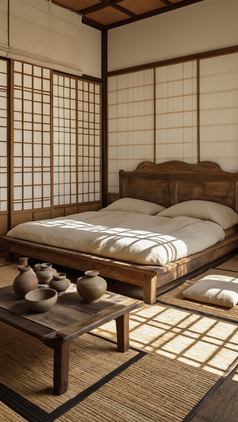 Traditional Wabi Sabi room with rice paper screens, antique wooden bed, weathered pottery on low table, bamboo mat with cushions, and afternoon shadows across floor.