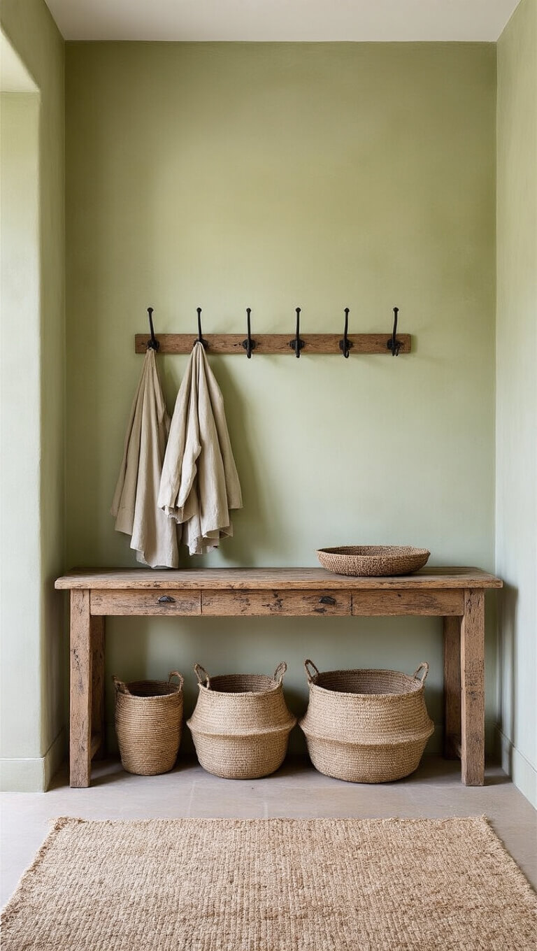 Minimalist 10x12ft entryway with natural light, aged raw wood console table, iron hooks with linen coats, lime-washed walls, and handwoven baskets below.