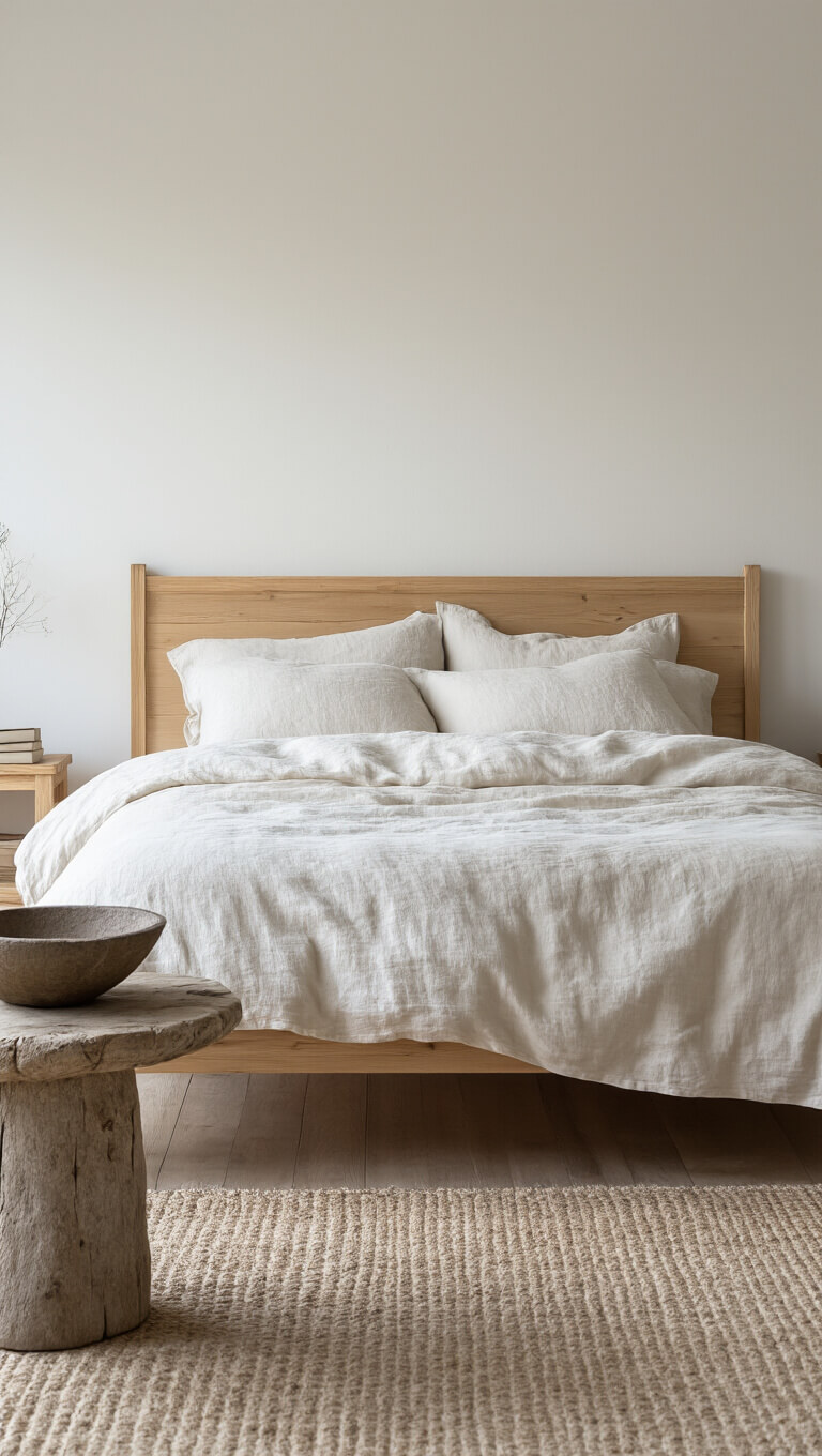 Minimalist 12x14ft bedroom at twilight with pine bed, creased white linen bedding, weathered stone bowl on rustic side table, and moody natural lighting.