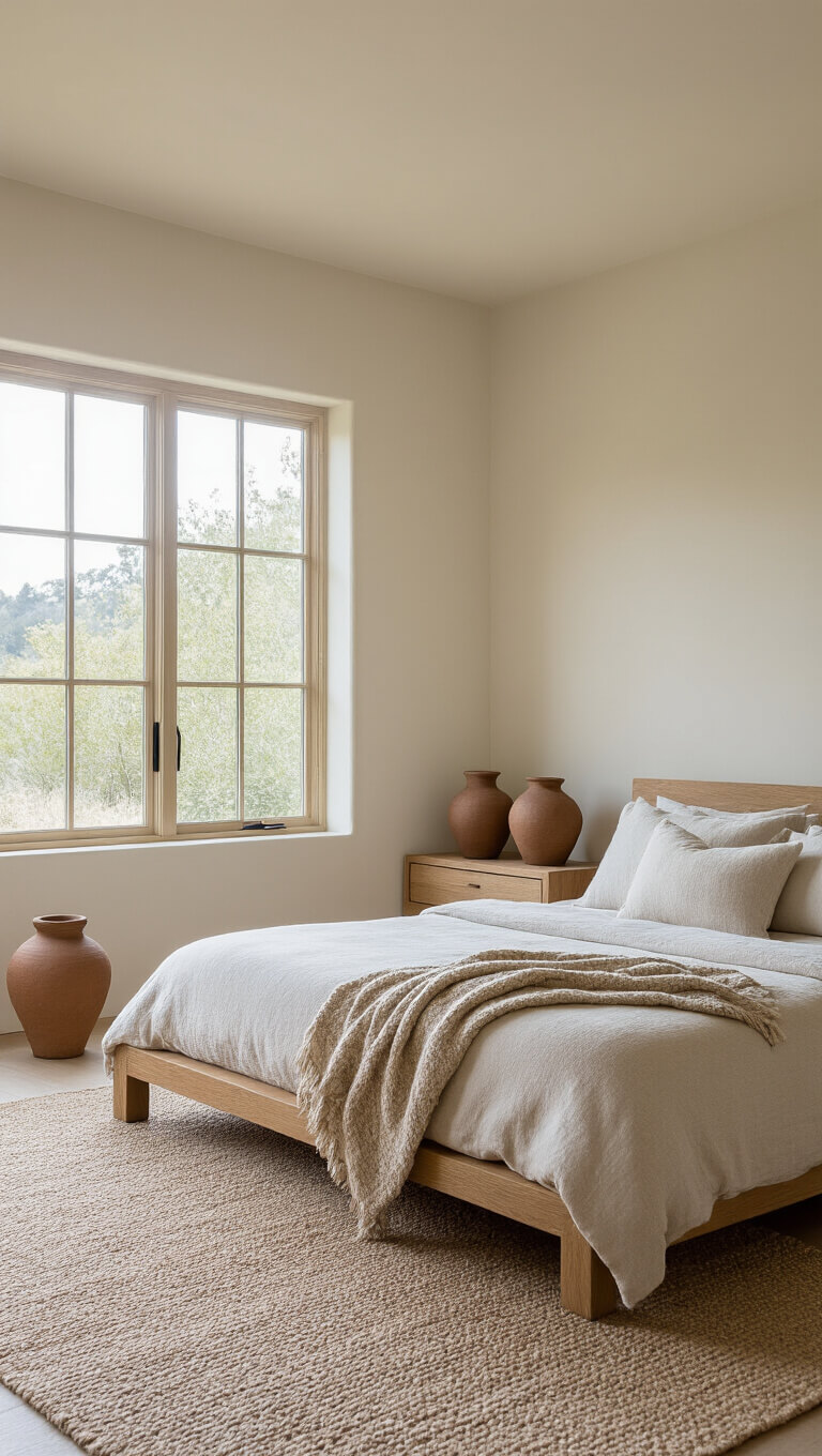 Serene mid-morning bedroom with aged oak bed, undyed wool throw, and hand-formed clay vessels in soft natural light.