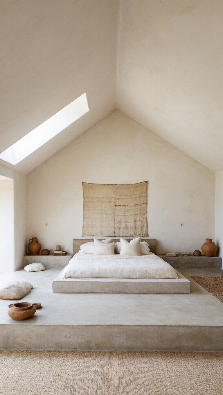 Elevated view of Luxe Wabi Sabi suite with vaulted ceiling, custom platform bed, vintage textile art, hand-thrown pottery, and warm neutral tones in soft skylight.