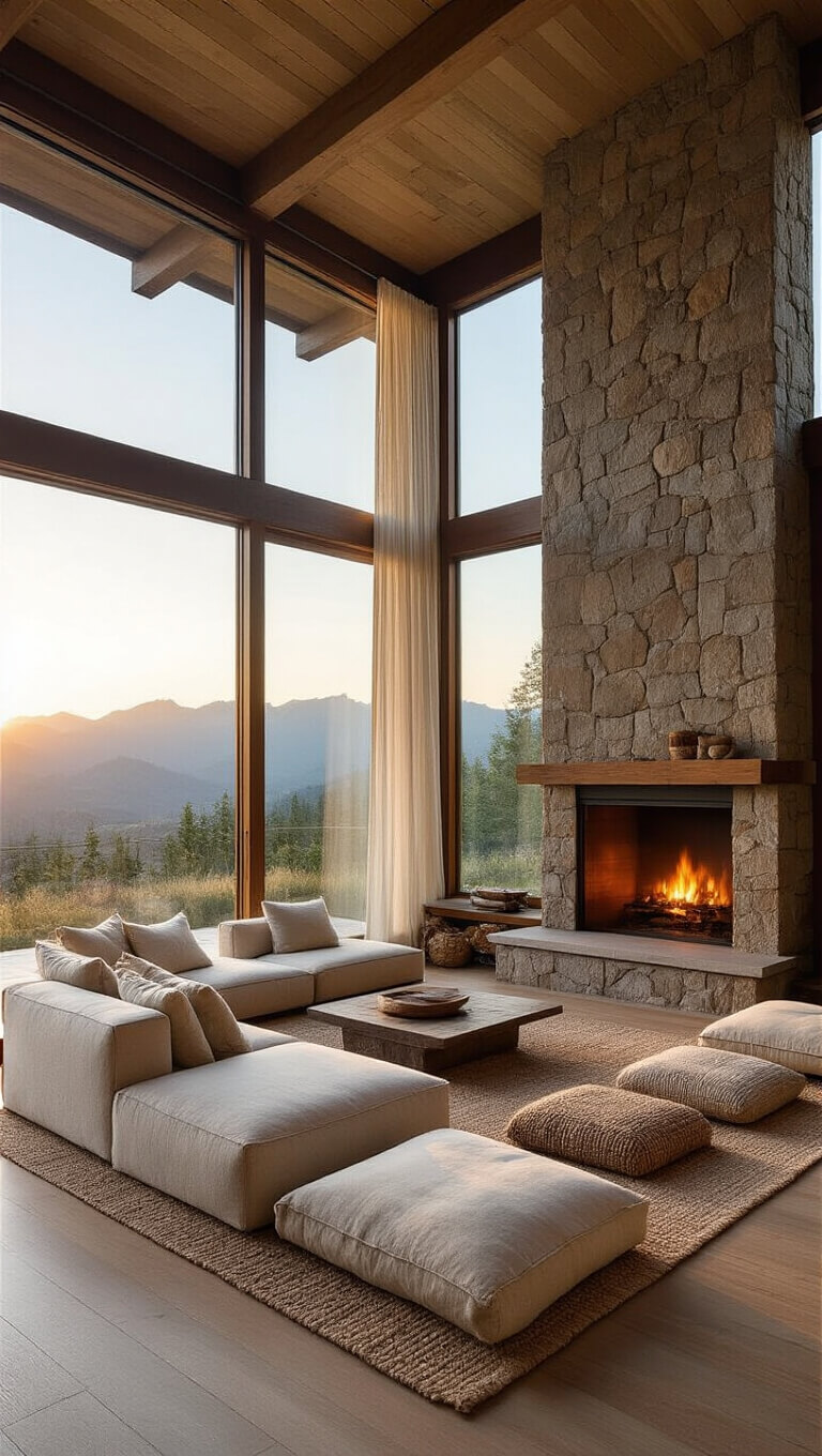 Sunset-lit great room with mountain views, featuring floor-to-ceiling windows, natural cotton sectional, stone fireplace with steel surround, and handwoven floor cushions.
