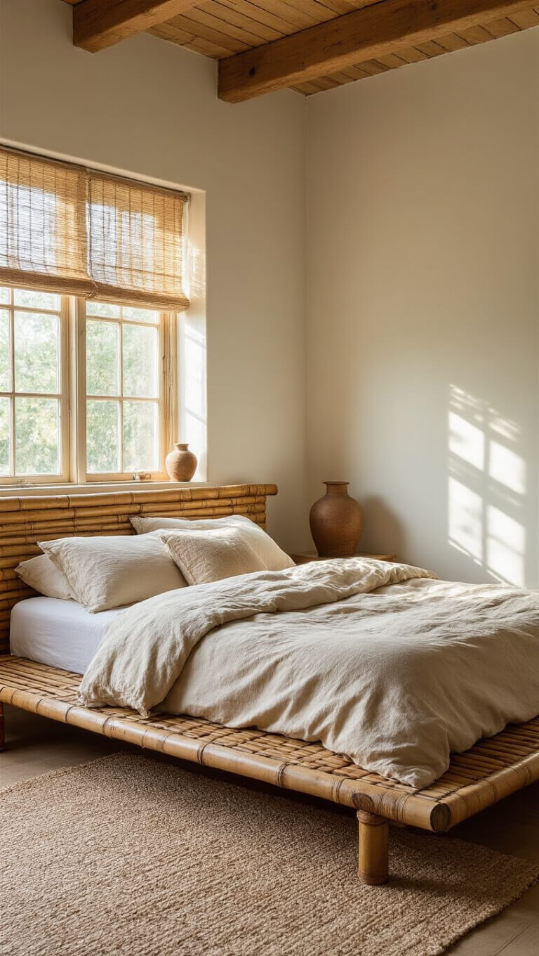 Warm afternoon light fills a 14x16ft sleeping space with a bamboo platform bed, sand-toned cotton and linen bedding, and aged vintage ceramics, viewed from a corner angle.