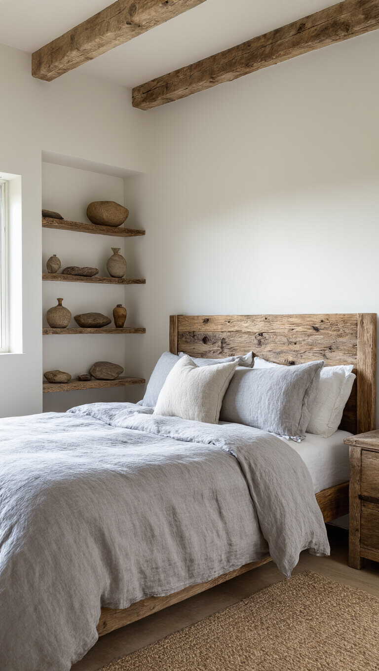 Cozy 15x15ft bedroom at dusk with reclaimed wood bed, grey stone-washed linens, and natural objects on vintage shelf, softly lit with fading light.