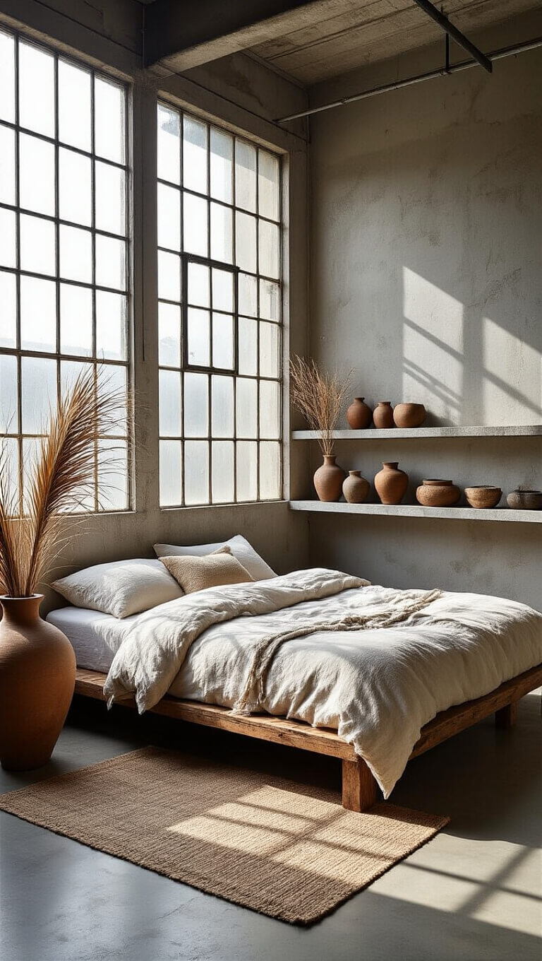 Urban Wabi Sabi bedroom with industrial windows, recycled timber bed, linen bedding, vintage ceramics on concrete shelves, and dried palms in earthenware vase, bathed in late morning light with dramatic shadows.
