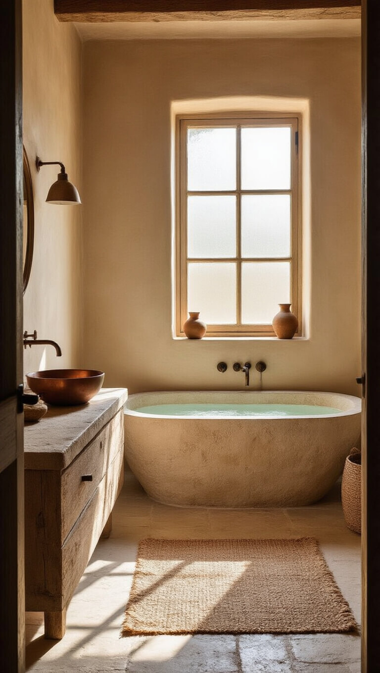 Sunlit wabi-sabi bathroom with freestanding stone tub under frosted window, warm clay tadelakt walls, jute mat on limestone floor, oak vanity with copper basin, and handmade ceramics in soft golden hour light.