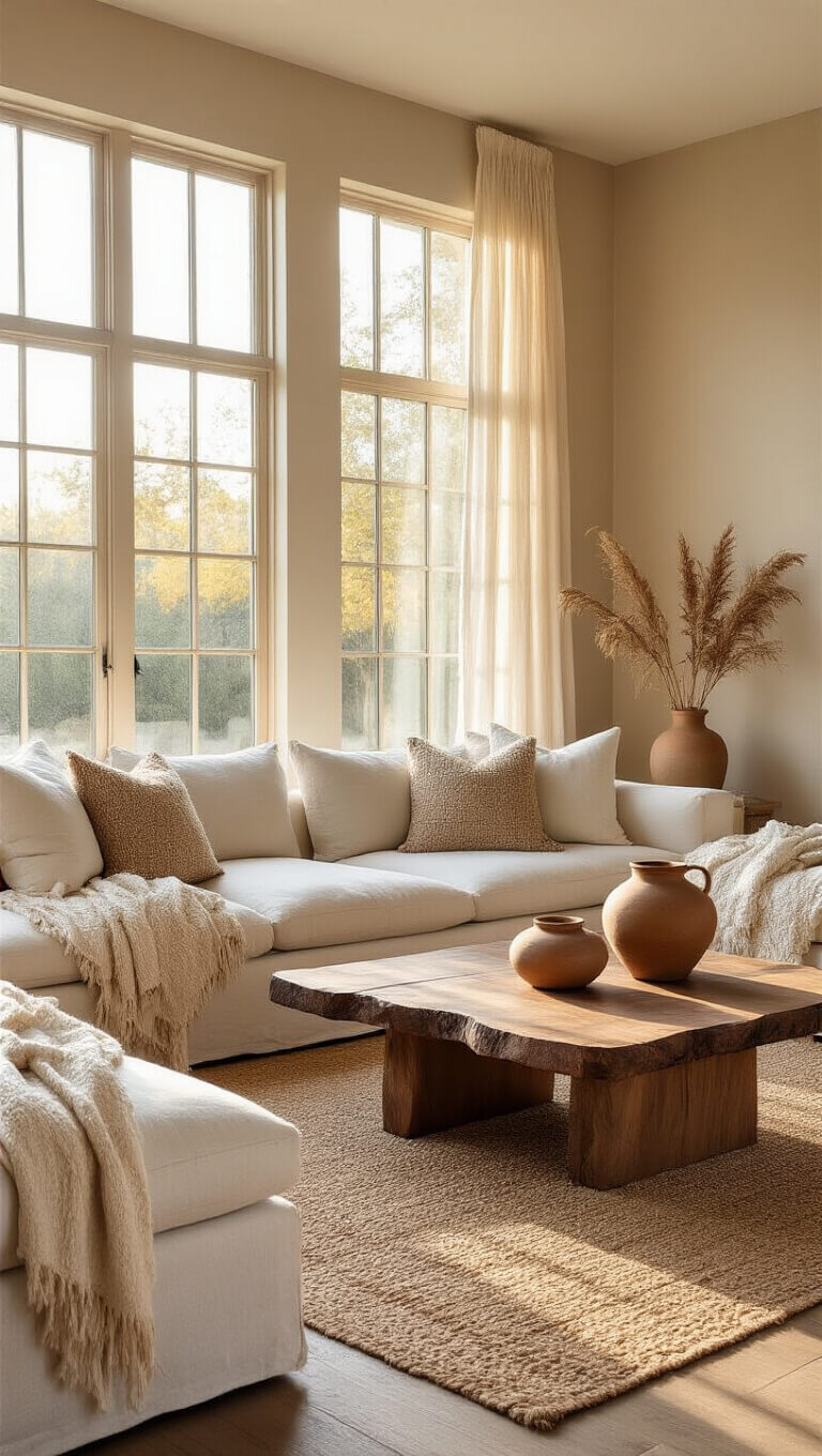 Sunlit living room with ivory linen sofa, walnut coffee table, handmade ceramics, jute rug, and tall windows casting golden hour light on textured decor.
