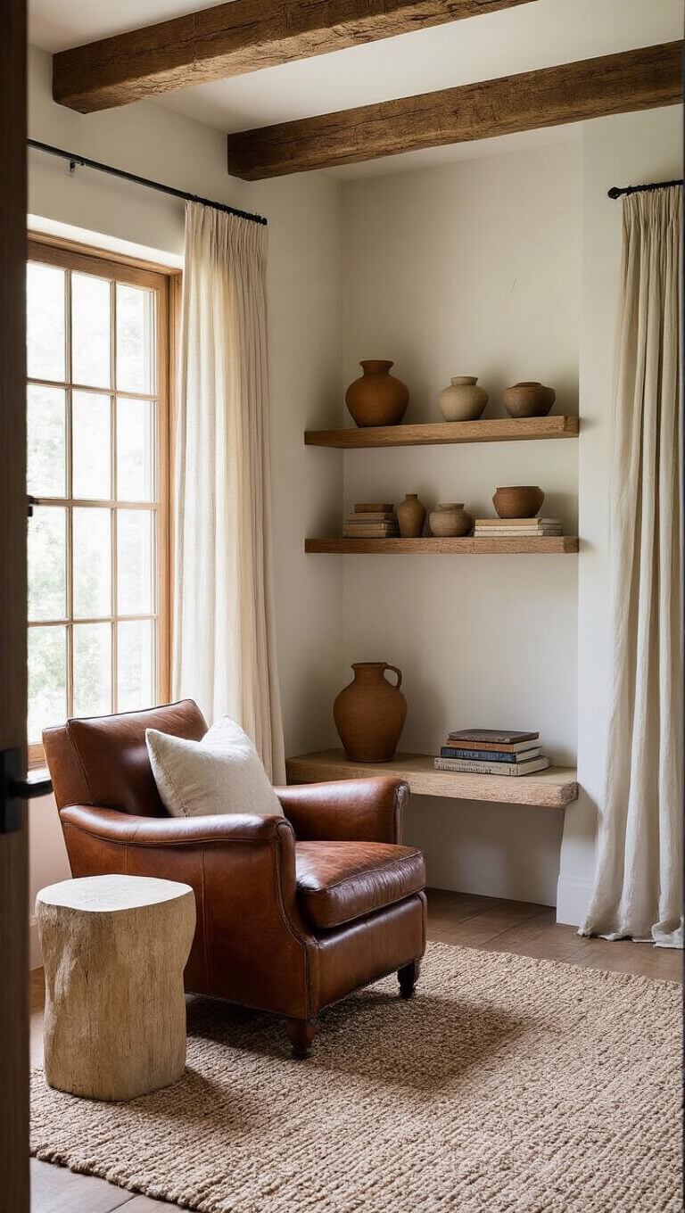 Cozy reading nook with vintage leather armchair, exposed wood beam ceiling, sheer curtains filtering morning light, and earthy decor on shelves.