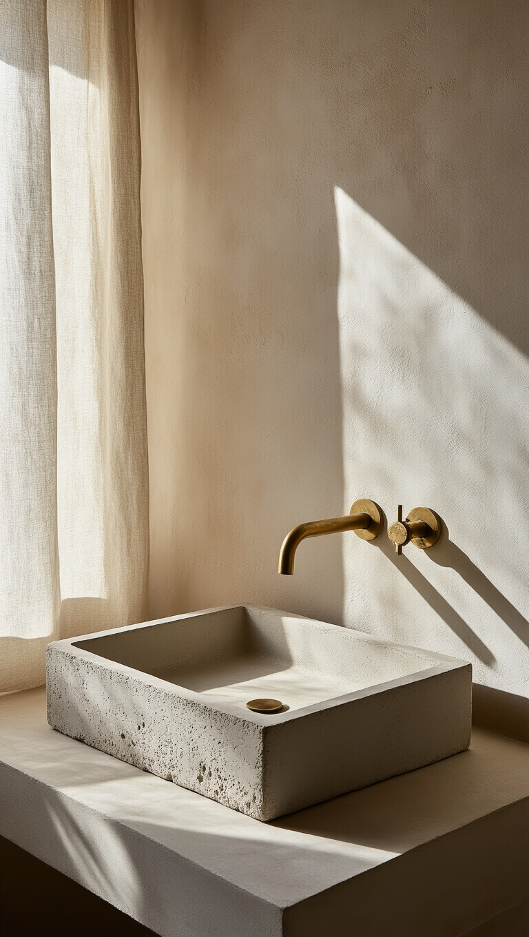 Corner view of small bathroom at dawn with raw concrete sink, rough clay plaster walls, vintage brass fixtures, and soft morning light filtering through linen curtains.