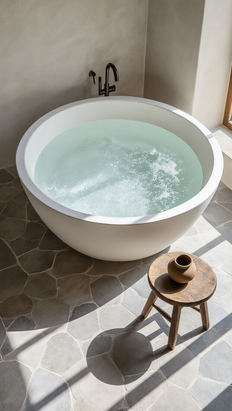 Overhead view of minimalist 7x9ft bathroom with circular white soaking tub, grey handmade tile floor, wooden stool with ceramic vessel, and afternoon light casting geometric shadows.