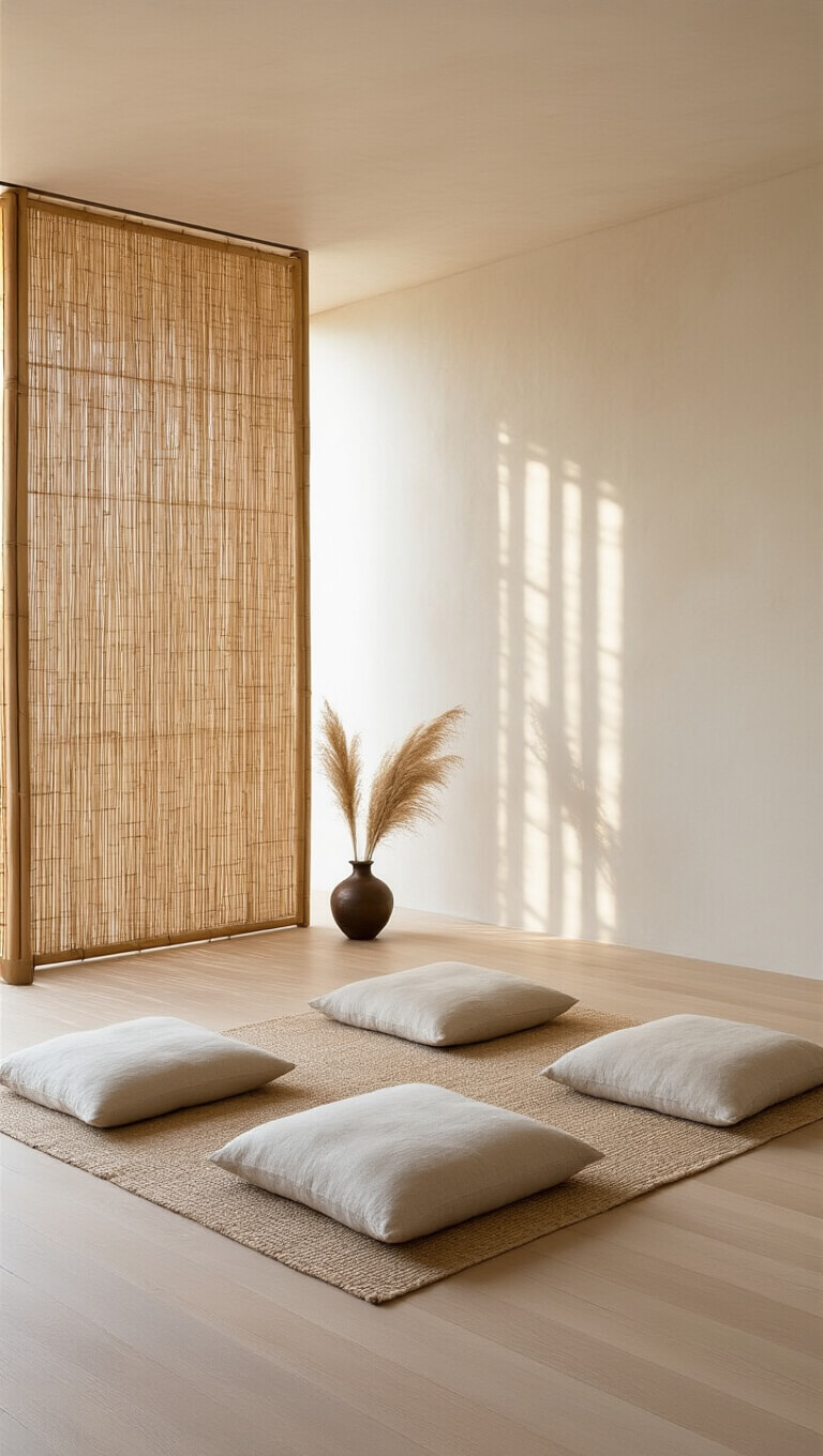 Minimalist 16'x20' meditation room at dawn with light oak floors, bone white plaster walls, unbleached linen floor cushions, a bronze vessel of dried pampas grass, and bamboo screen casting soft shadows.