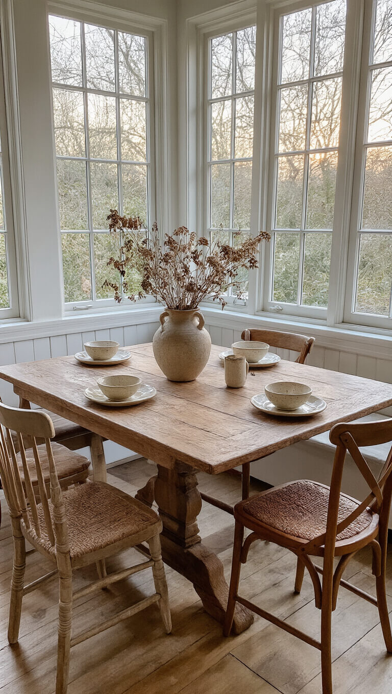 Cozy 10'x12' breakfast nook at blue hour with antique wooden table, vintage chairs, ceramic dinnerware, and dried botanicals in stone vase.