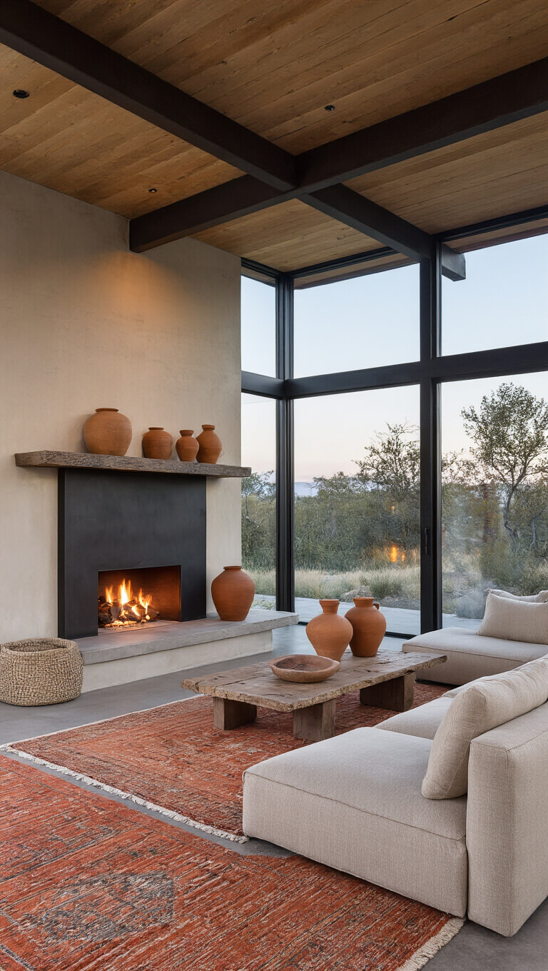 Modern 15'x18' living room at dusk with concrete floors, layered terra cotta rugs, linen modular sofa facing a blackened steel fireplace, and stoneware vessels on a rough-hewn mantel.