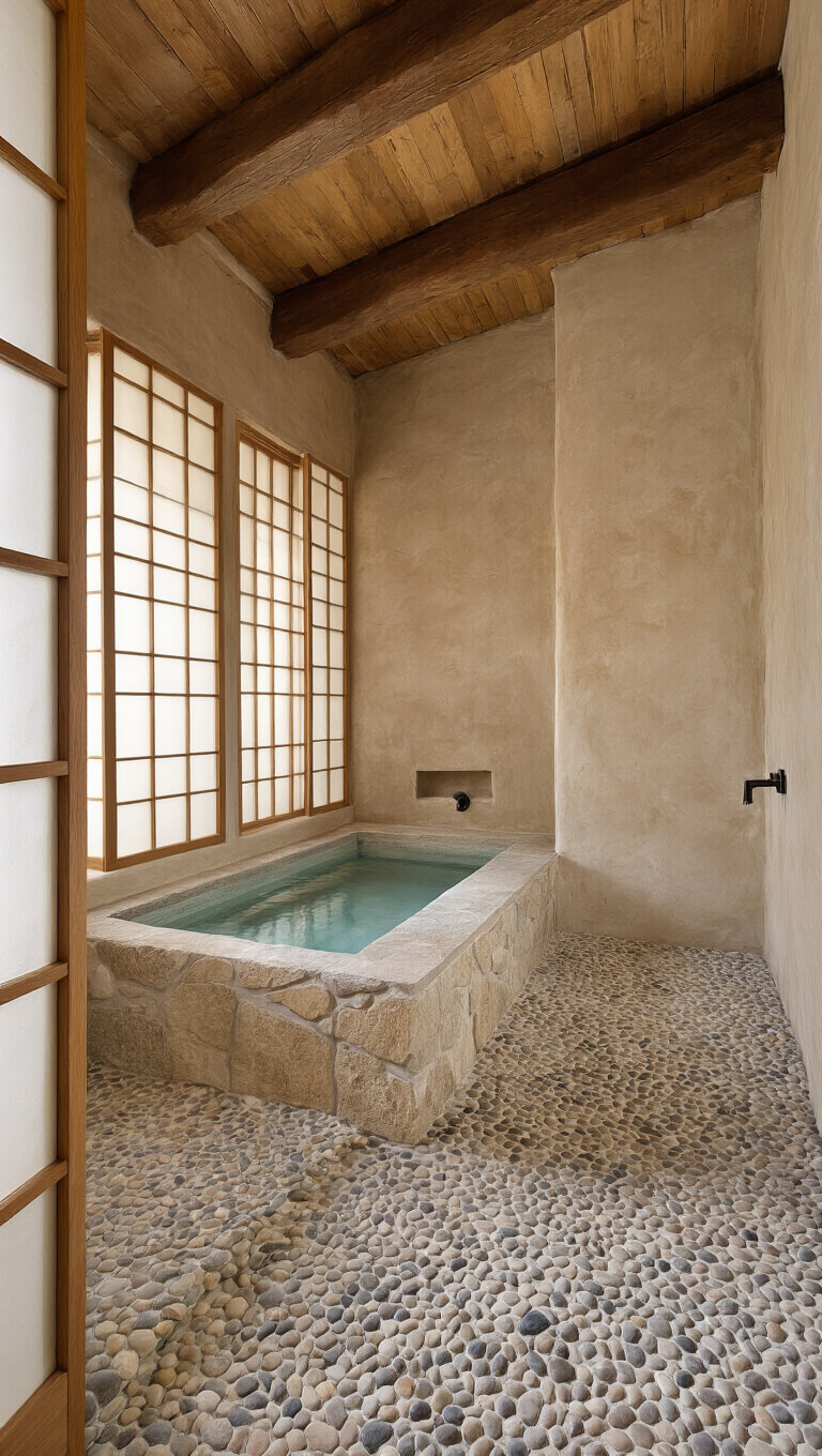 Spa-like bathroom with exposed wooden beams, stone shower basin, pebble floor, clay walls, and soft light through rice paper screens.