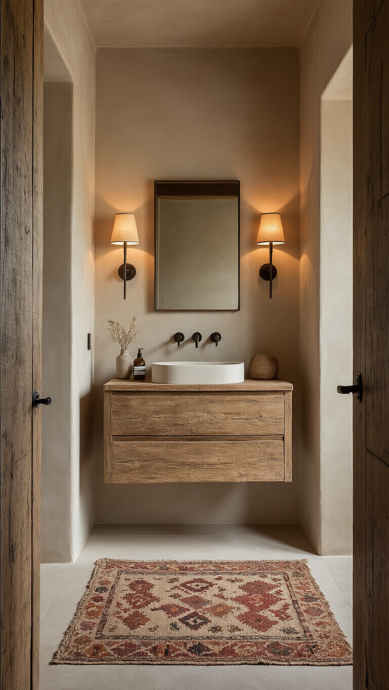Cozy dusk bathroom with floating reclaimed teak vanity, ceramic sconces casting warm light on bone-toned Roman Clay walls, and vintage kilim rug.