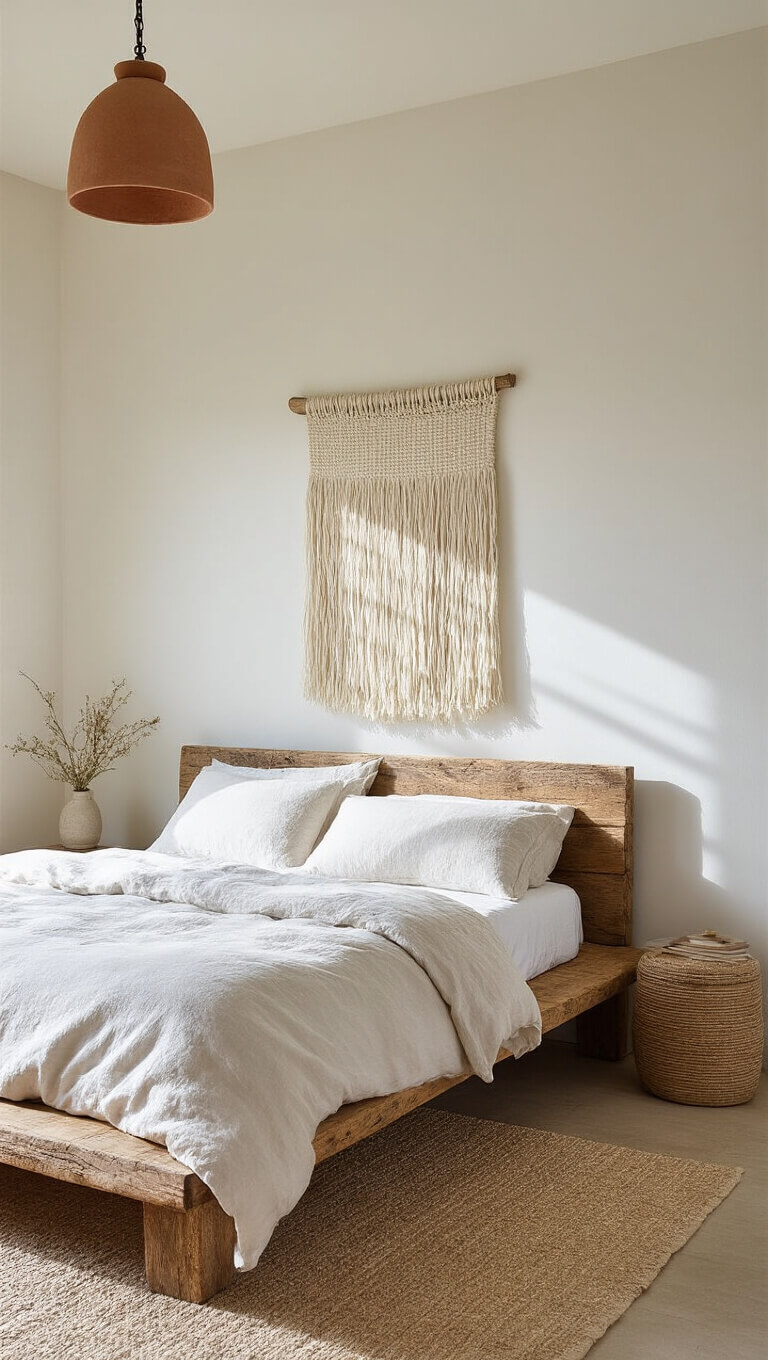 Serene 13'x16' bedroom with a reclaimed wood platform bed in white linen, undyed wool wall hanging, and clay pendant light in soft morning light.