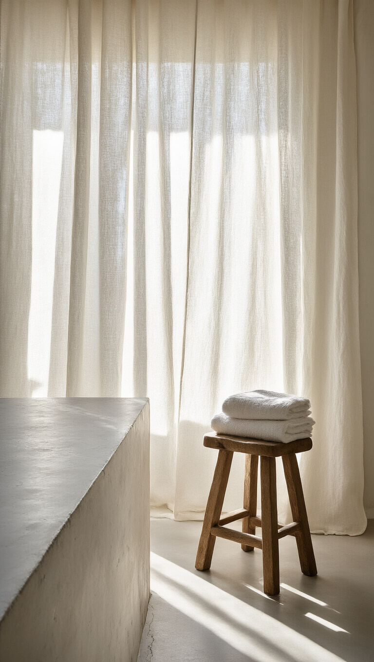 Sunlit bathroom with floor-to-ceiling linen curtains, concrete countertop, handmade white ceramic tiles, and wooden stool with organic towels.