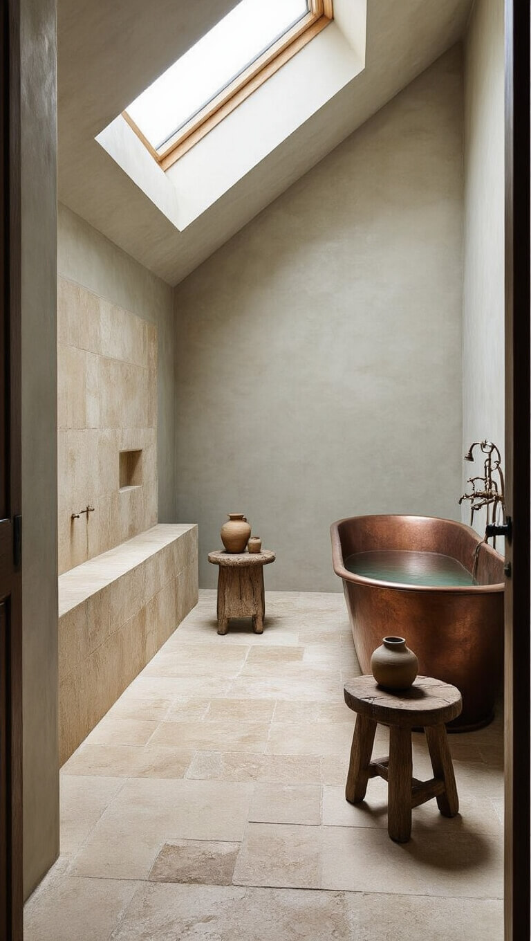 Serene 14'x17' bathroom with skylights, copper tub, limestone floors, dove gray plaster walls, and handmade neutral tiles.
