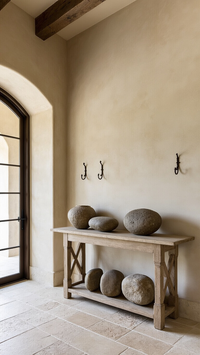 Entryway with limestone floor, clay walls, vintage oak console, iron hooks, and soaring ceiling.