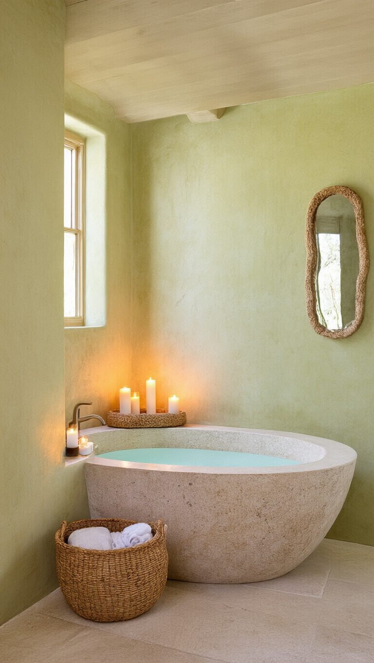 Intimate twilight bathroom with natural stone oval soaking tub, candlelit lime-washed walls, handwoven basket of organic linens, and raw edge mirror reflecting warm ambient light.
