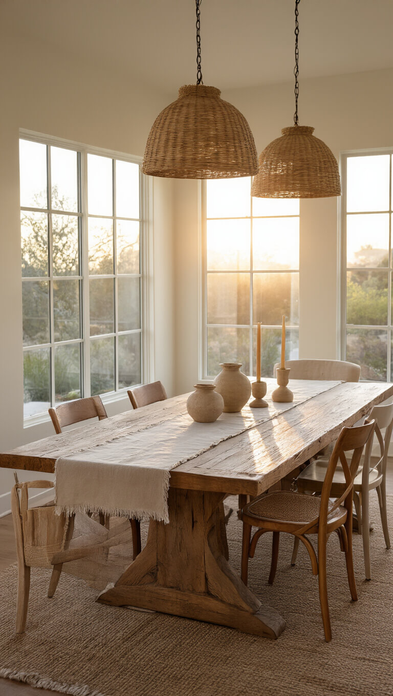 Golden hour dining room with reclaimed wood table, vintage neutral-toned chairs, hanging ceramic pendant lights, and natural linen table runner.