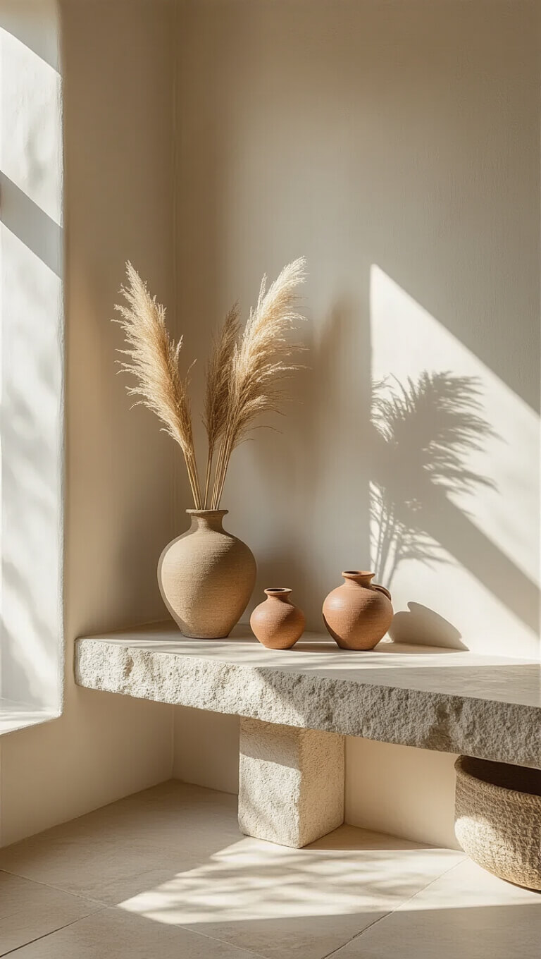 Low-angle view of a serene 9x10ft bathroom corner with built-in stone shelf, handmade ceramic vessels, and dried pampas grass in a stone vase against warm white textured plaster walls in afternoon light.