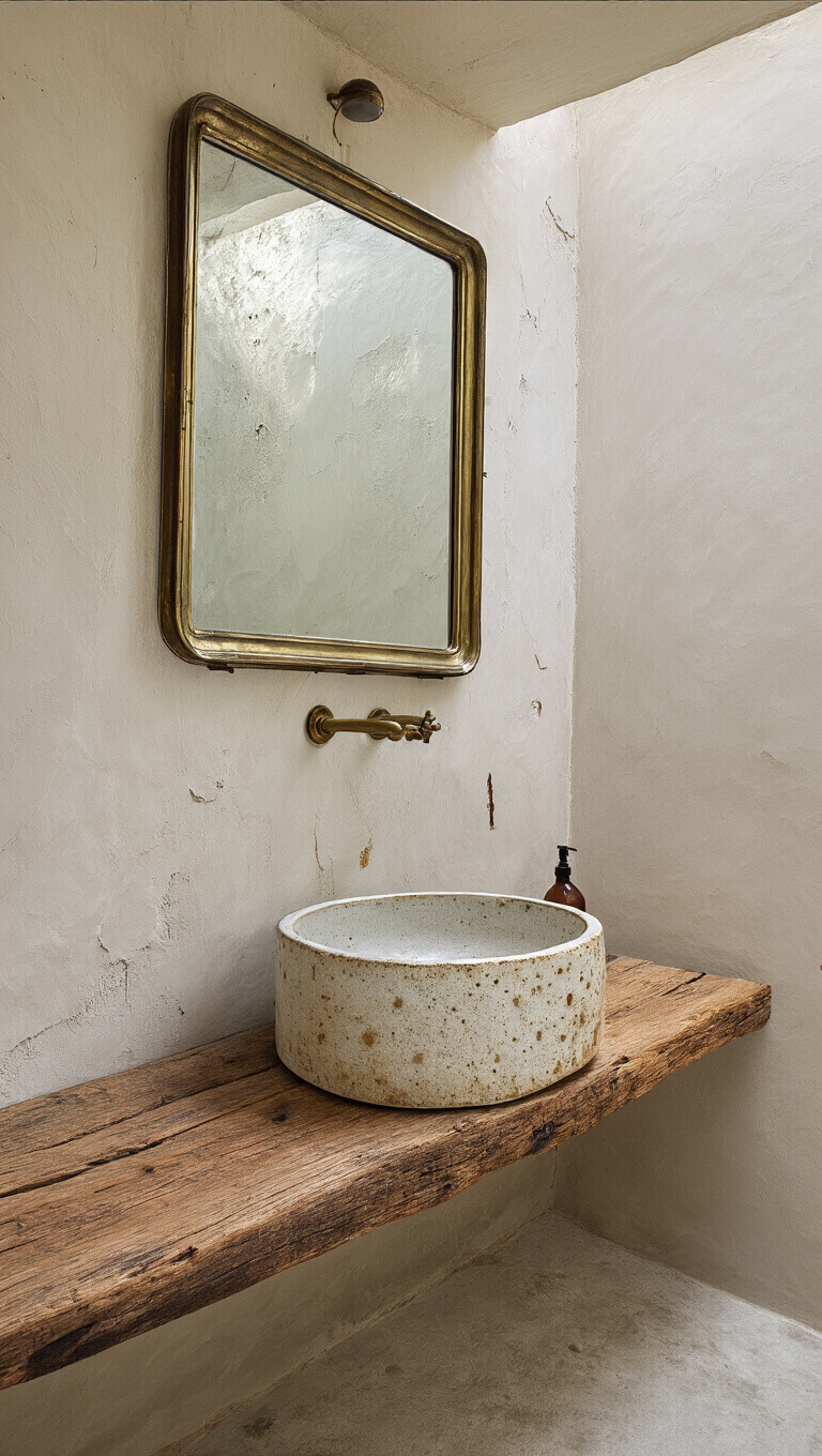 Wabi-sabi vanity corner with hand-thrown ceramic sink on reclaimed wood shelf, textured plaster walls, vintage brass mirror, and soft skylight illumination.