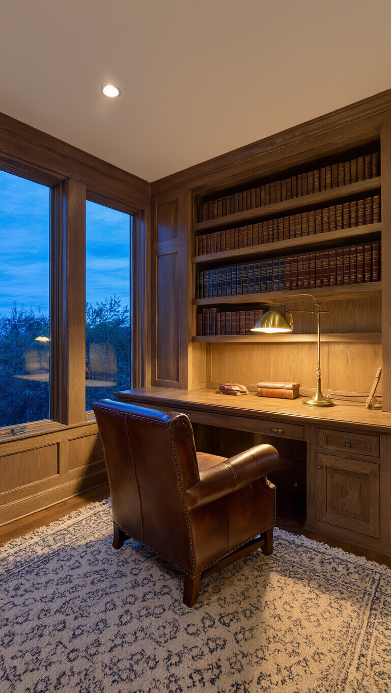 Twilight-lit study with built-in cerused oak shelves, worn leather chair, hand-knotted geometric rug, and bronze desk lamp viewed from desk.
