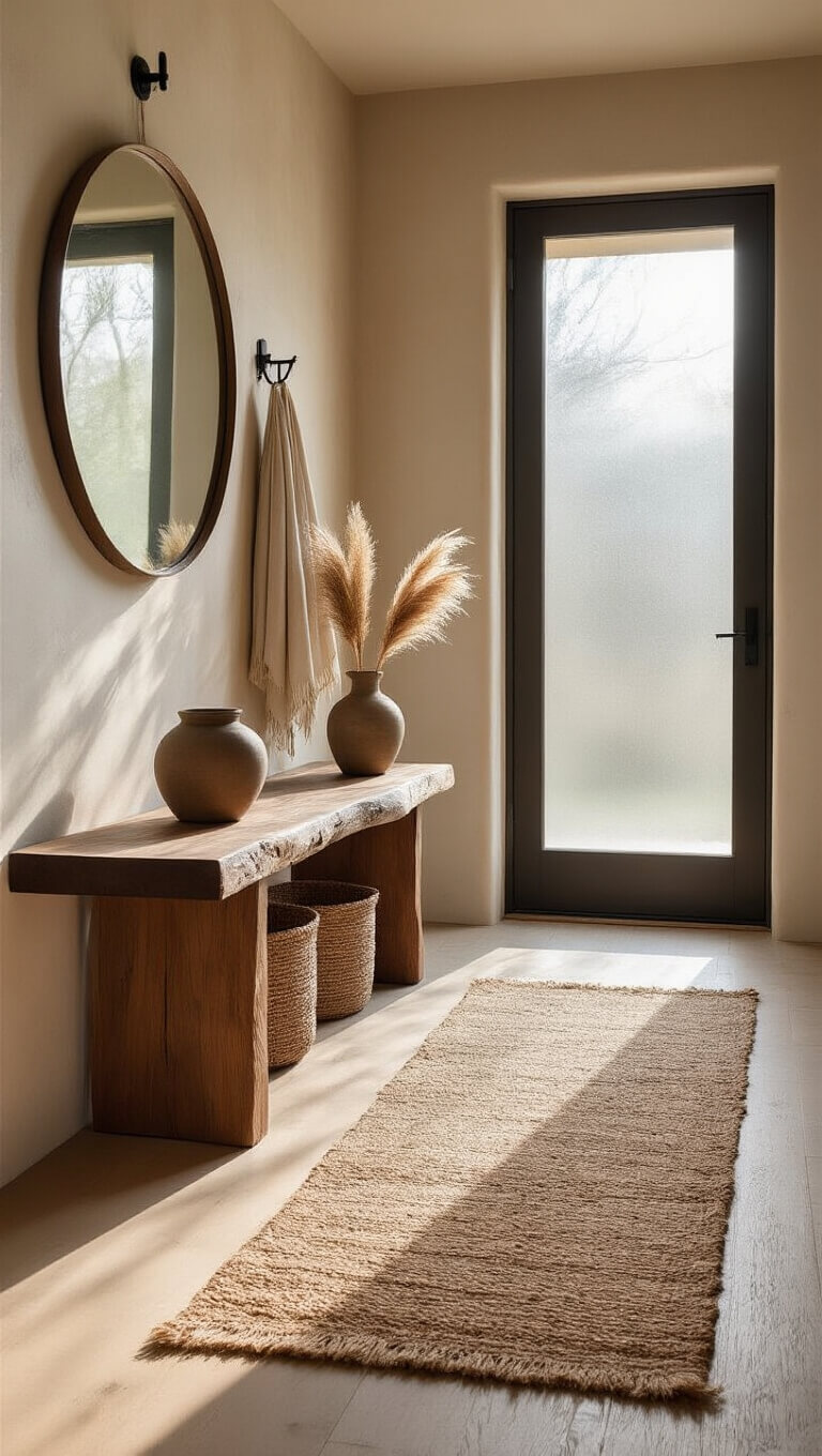 Serene minimalist entryway with walnut console, jute runner, and morning light through frosted glass door.