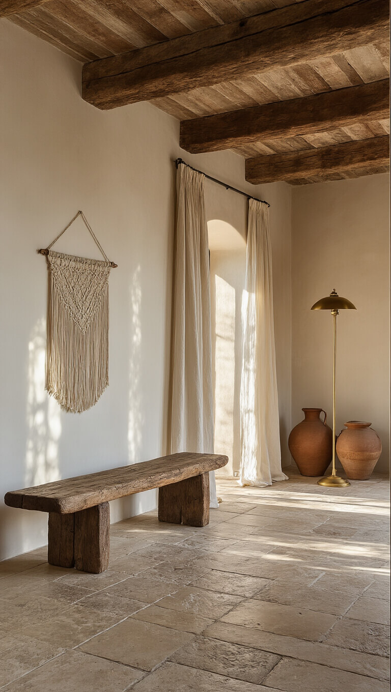 Low-angle view of a spacious 12x15ft foyer with 10ft ceilings during golden hour, featuring ancient wooden beams, a large distressed wooden bench, stone floor with visible fossils, earth-toned pottery, vintage brass floor lamp, macramé wall hanging, and natural linen curtains filtering soft sunlight.