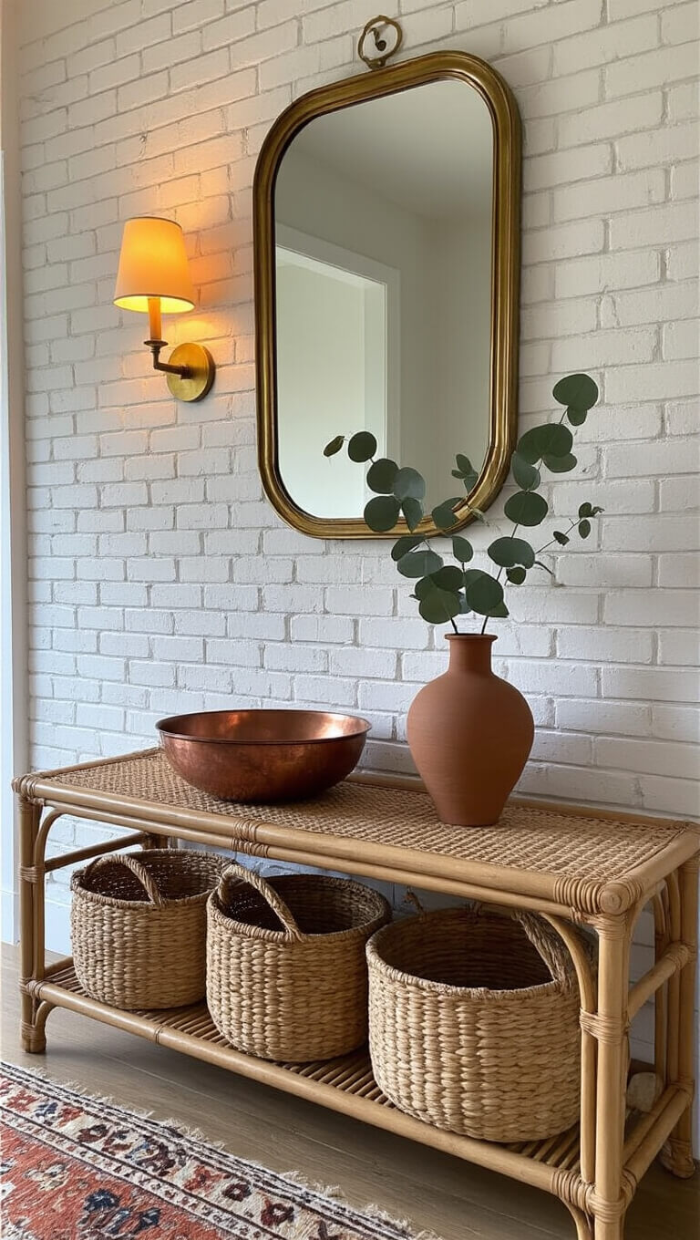 Cozy apartment entrance nook with rattan console, vintage runner, and warm sconce lighting reflecting in tarnished brass mirror.