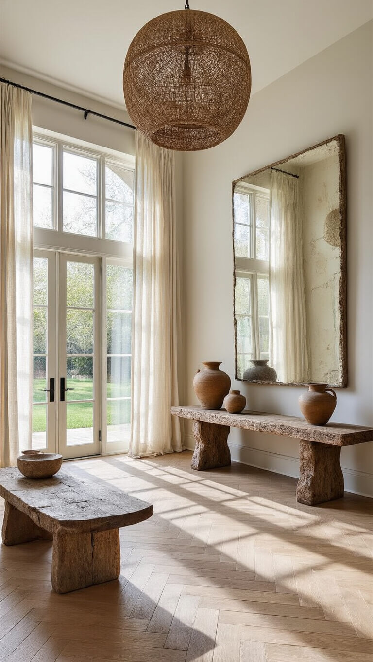High-angle view of spacious 15x20ft entry hall with herringbone oak floors, reclaimed wood console, ceramic vessel collection, sheer linen-draped windows, archaeological mirror art, and natural fiber pendant.