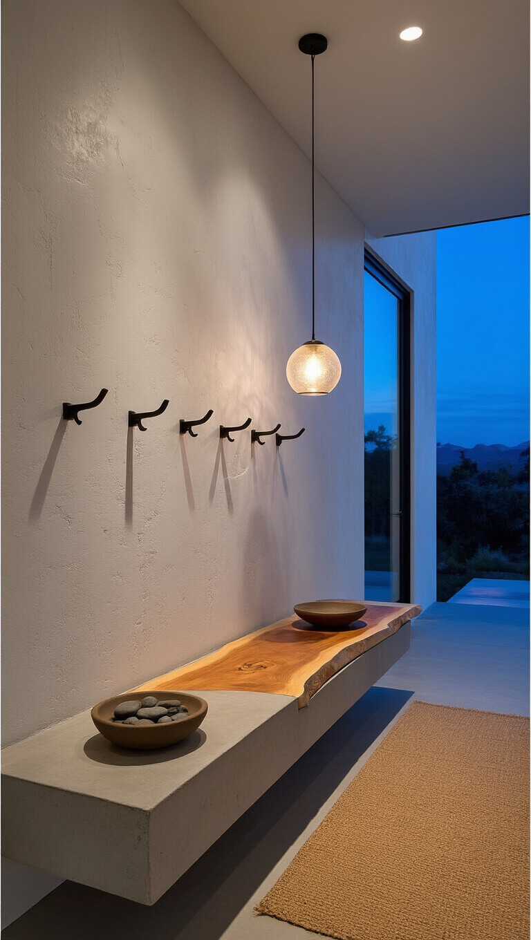 Modern twilight entryway with floating concrete and wood bench, warm plaster walls, glowing glass pendant, oxidized black coat hooks, ceramic bowl of stones, and hemp runner toward stairs.