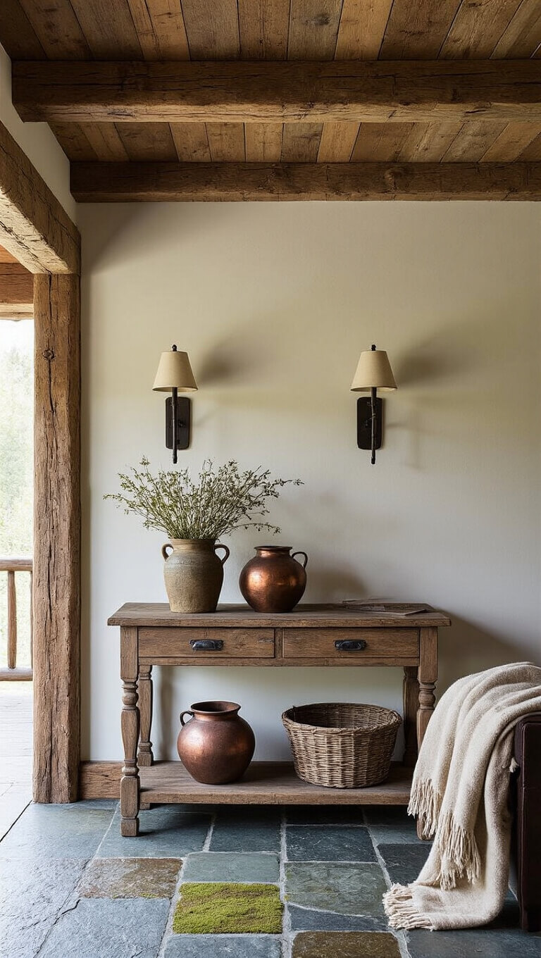Low-angle view of a rustic 9x11ft mountain cabin entry with rough timber beams, antique pine console, slate floor with mossy cracks, copper vessels of dried wildflowers, vintage wool throw, and iron wall sconces casting warm afternoon light.