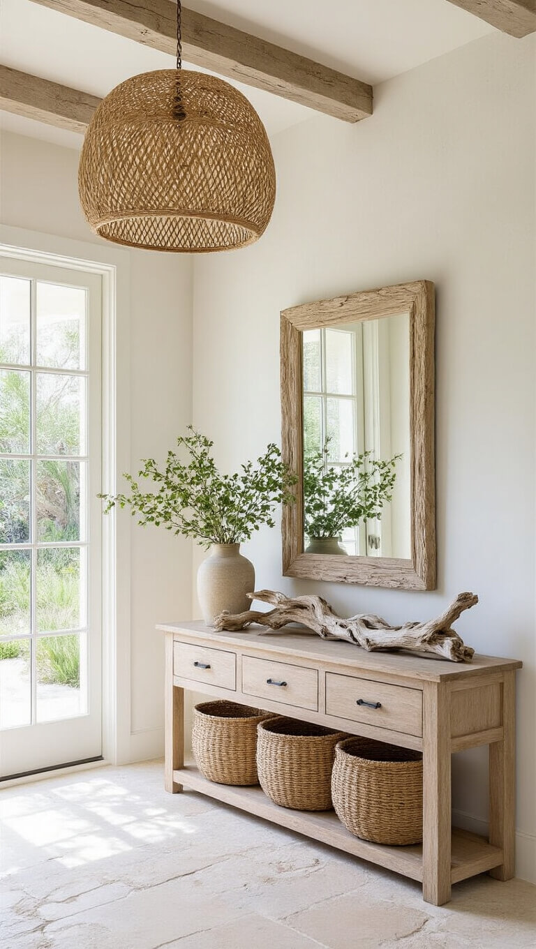 Bird's eye view of a coastal entryway with bleached oak console, seagrass baskets, driftwood sculpture, and salt-worn mirror on lime-washed walls under natural fiber pendant lighting.