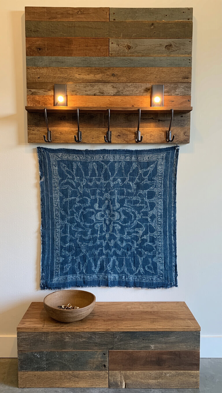 Urban entry nook with reclaimed wood shelf and coat rack, vintage indigo textile art, earthenware key bowl, and sealed concrete floor.