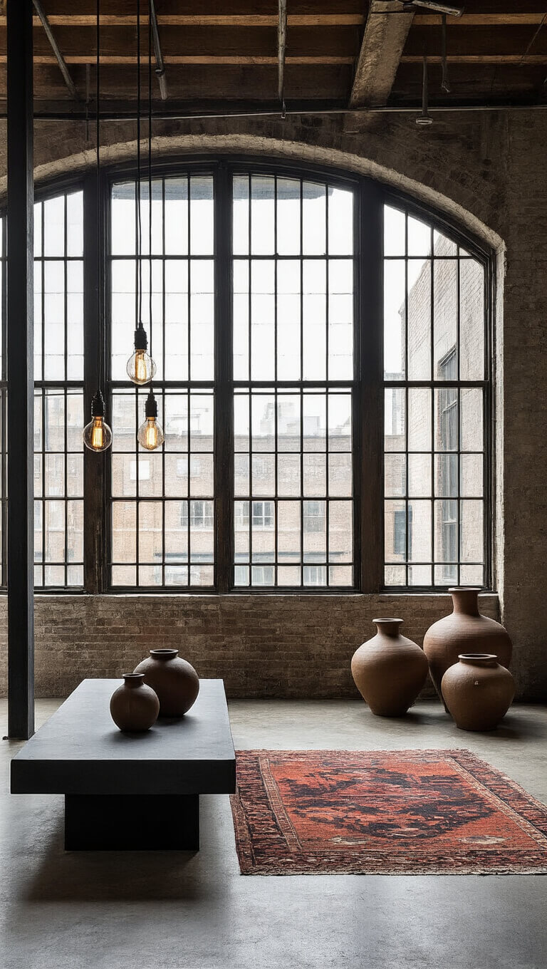 Dramatic evening-lit loft entrance with angled view of tall industrial windows, raw slab bench on steel base, asymmetrical ceramic vessels, faded vintage kilim, Edison bulb pendant casting shadows, and worn concrete floor.