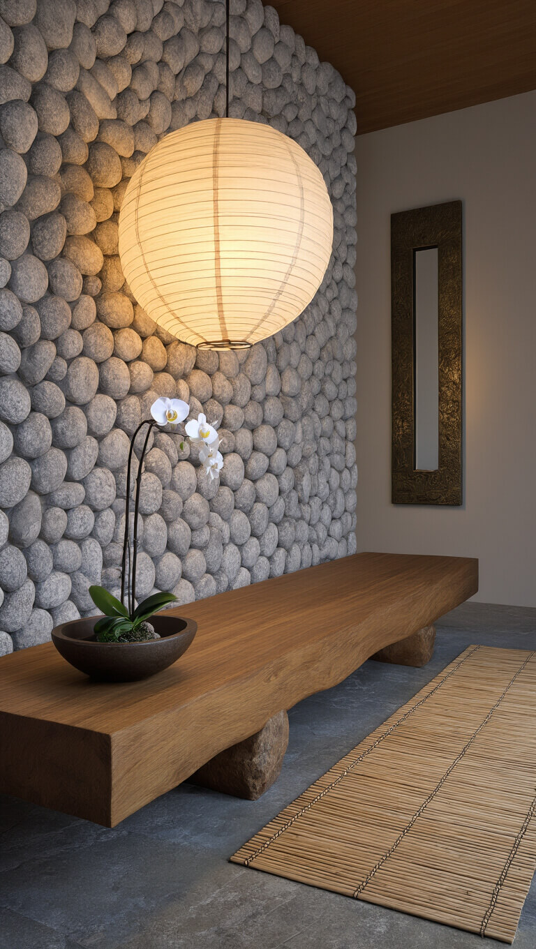 Zen-inspired entryway at dawn with floating wood bench, glowing paper lantern, orchid in stone bowl, bamboo runner, bronze mirror, and fossil-detailed limestone floor.