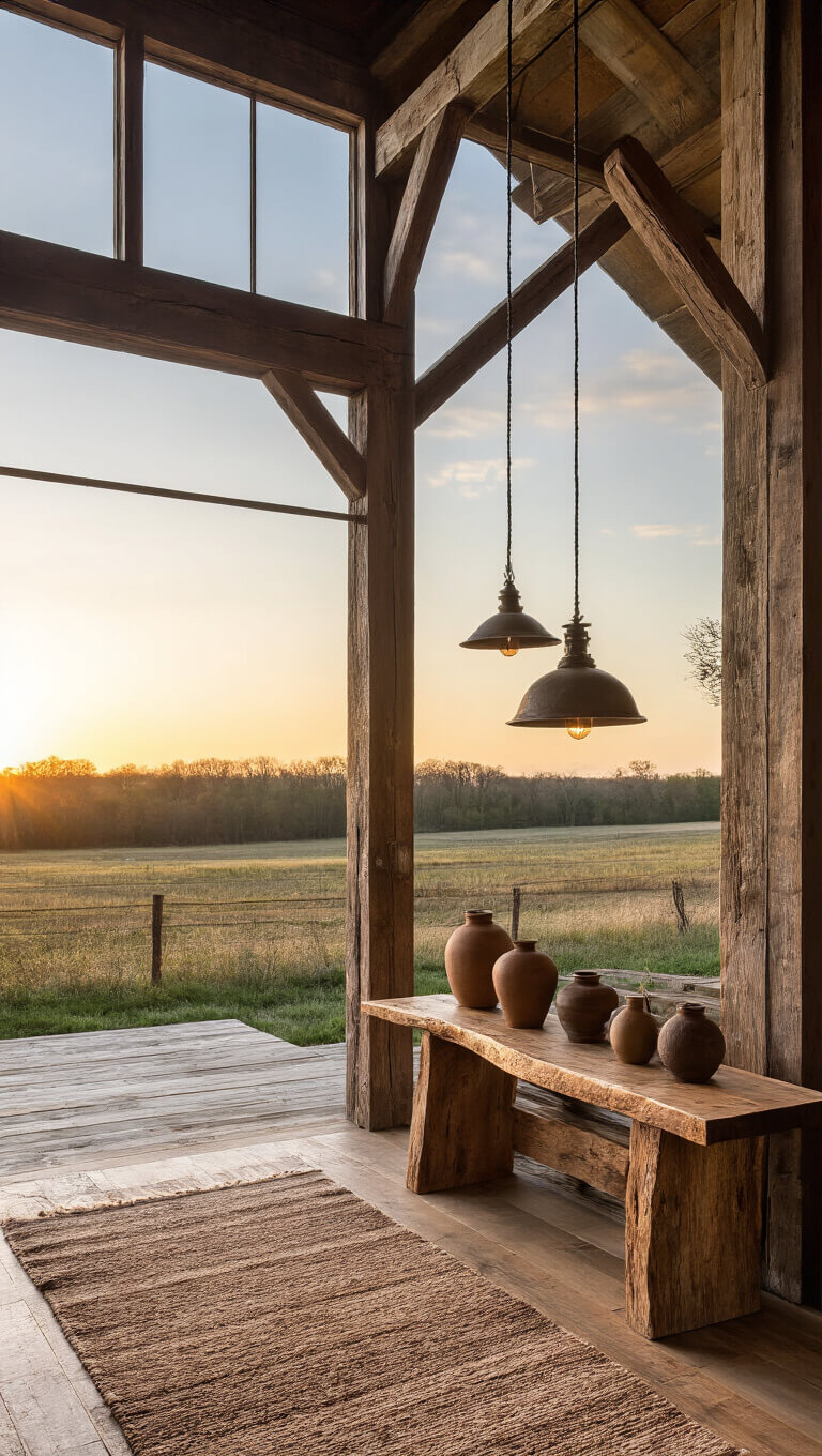 Rustic modern barn entry with soaring post-and-beam architecture, warm pendant lighting, live edge console, wide plank floors, and earth-toned ceramics at sunset.