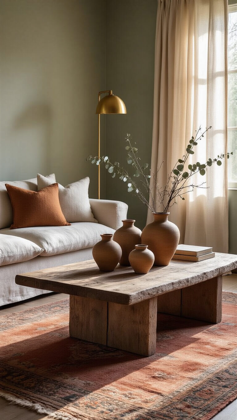 Sunlit 12x14ft living room with sage walls, oak coffee table holding ceramic vessels, brass floor lamp, vintage kilim rug, and natural decor accents.