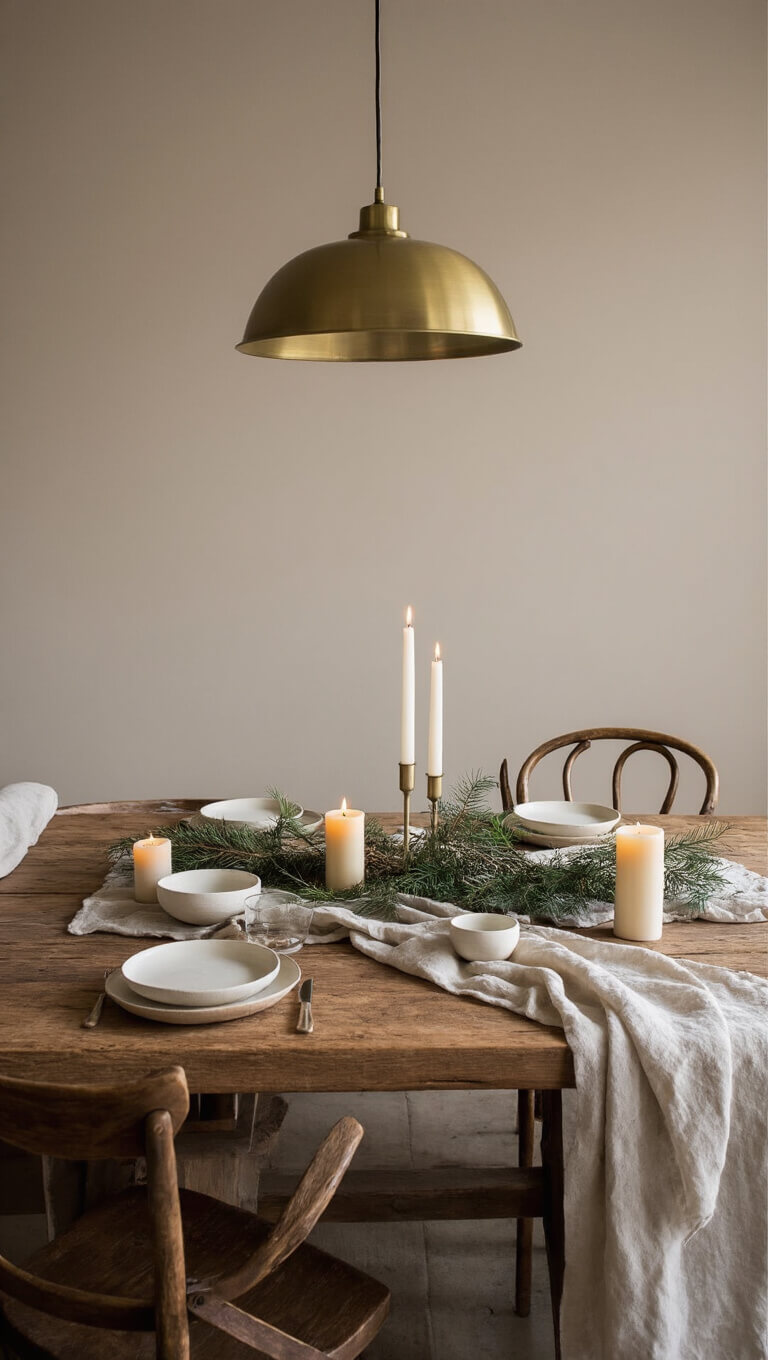 Cozy 10x12ft dining room at dusk with reclaimed wood table, brass pendant light, ceramic plates, linen runner, beeswax candles, pine branches, and vintage wooden chairs against warm greige walls.