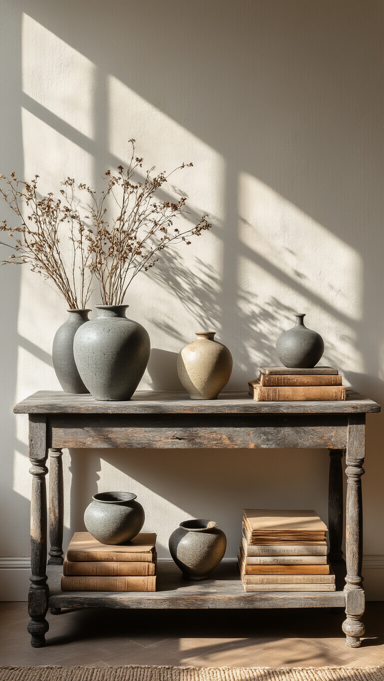 Low-angle view of antique console table in sunlit study corner displaying wabi sabi ceramics, dried botanicals, and vintage books against textured wall with dramatic shadows.