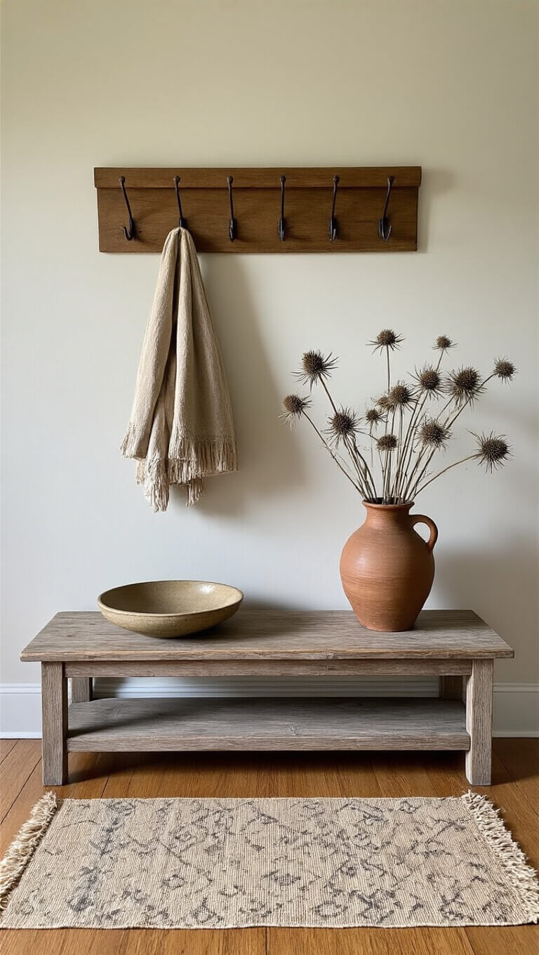 Cozy 6x8ft entryway at dawn with vintage coat rack, ceramic catch-all bowl on weathered console, patterned natural fiber runner, and dried thistle in earthenware vase.