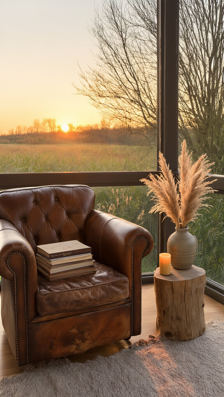 Cozy 10x12ft reading nook at sunset with vintage leather armchair, rustic wooden side table holding a beeswax candle, stack of books with exposed bindings, and dried pampas grass in a tall ceramic vase, viewed from a seated perspective.