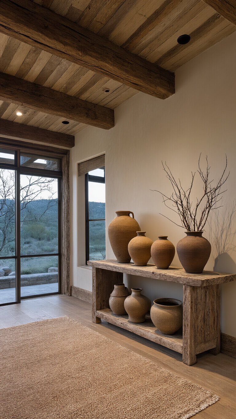 Rustic 15x18ft great room at dusk with weathered overhead beam, distressed console with ceramic vessels, natural fiber rug, and dried oak branches in large earthenware vase.