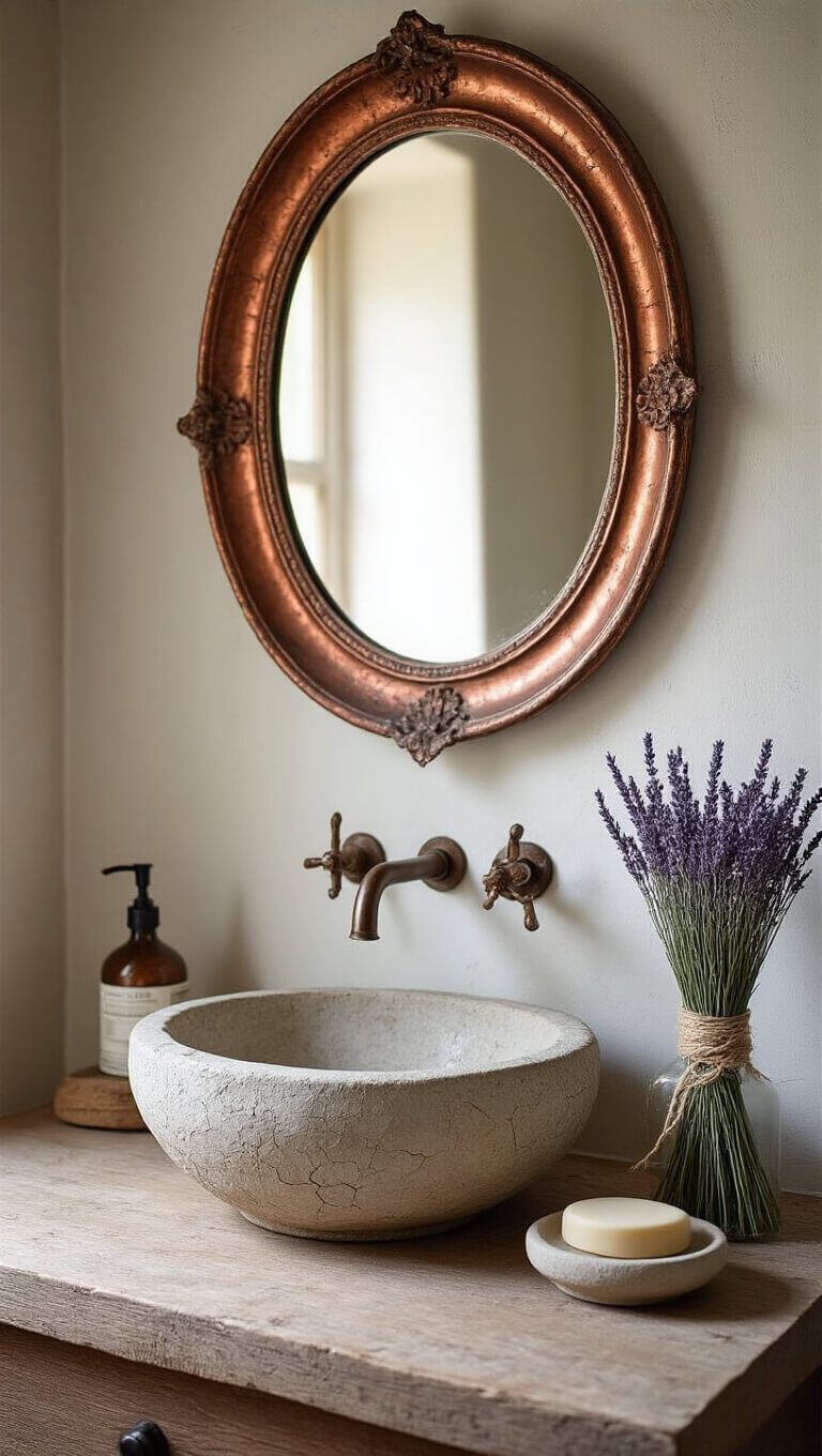 Close-up of a cozy 6x8ft powder room featuring a vintage copper mirror over a stone vessel sink, hand-thrown ceramic soap dish with crazing, dried lavender bundle tied with twine, and textured limewashed walls glowing in afternoon light.