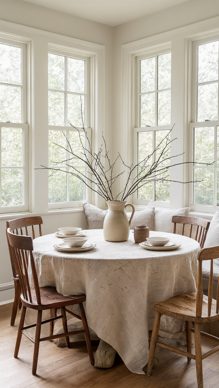 Serene breakfast nook with antique round table, mismatched vintage chairs, wrinkled linen tablecloth, and ceramic pitcher of fresh-cut branches in morning light.